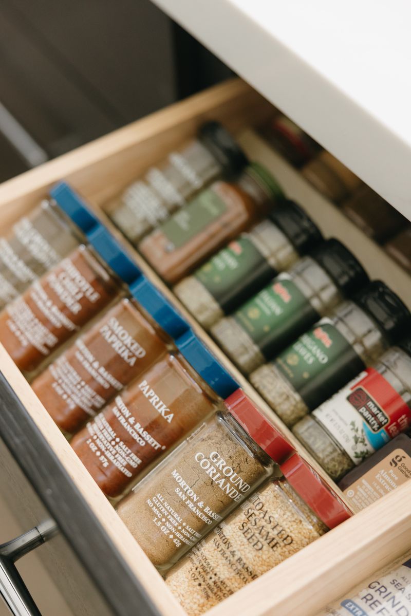 A kitchen spice drawer in West Des Moines with maple wood dividers holding labeled glass jars.