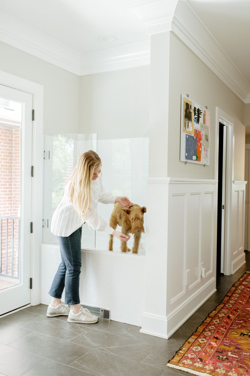 A mudroom in Des Moines with a raised white subway tile dog wash tucked beside white paneled wainscoting.
