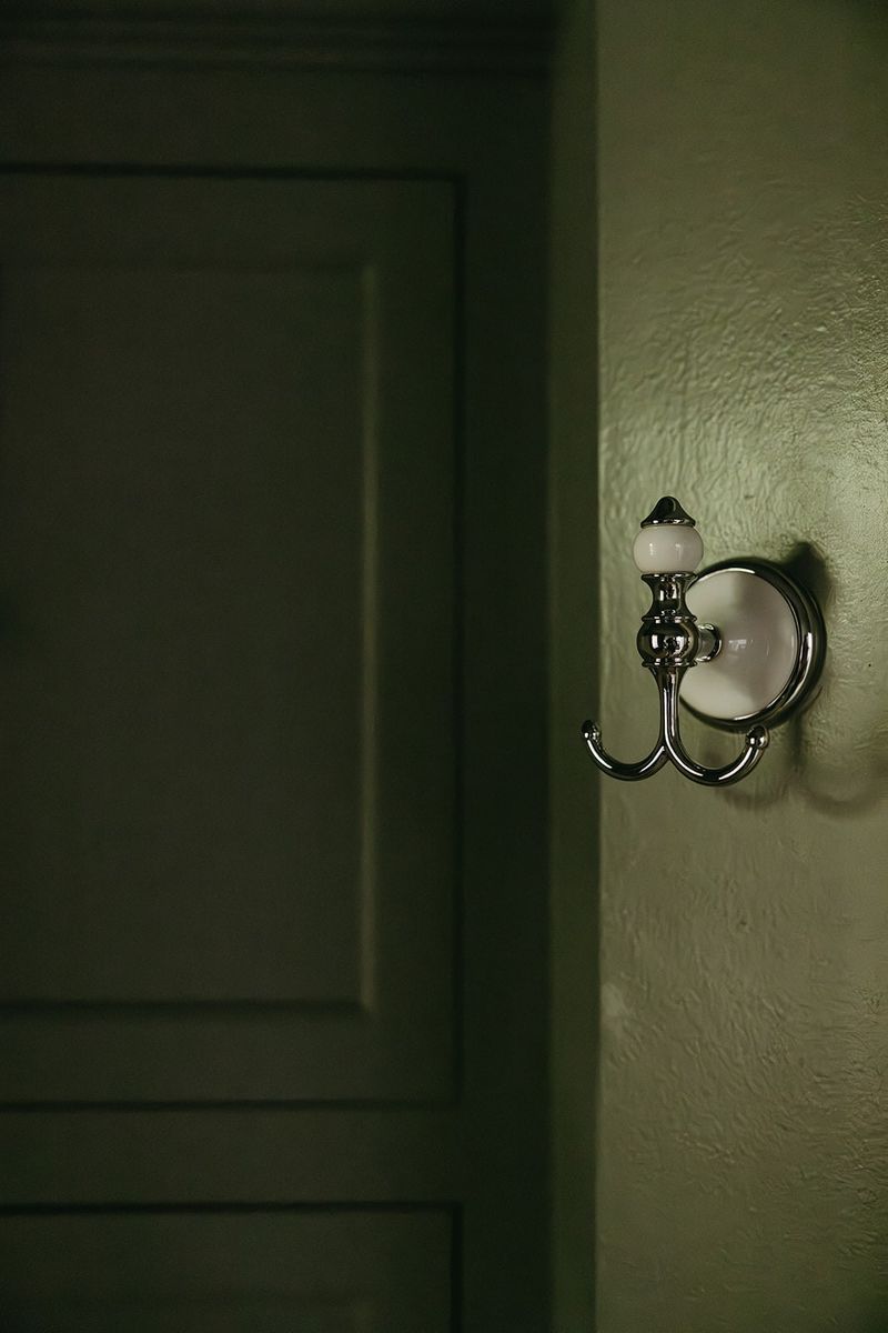 A bathroom in Clive with a chrome and white porcelain double towel hook on a soft green wall.
