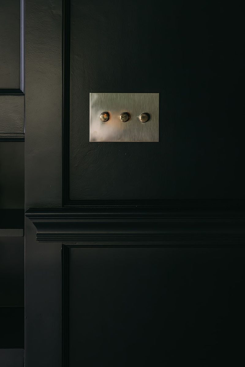 A black paneled wall in Clive with a brushed brass toggle light switch set above the chair rail molding.