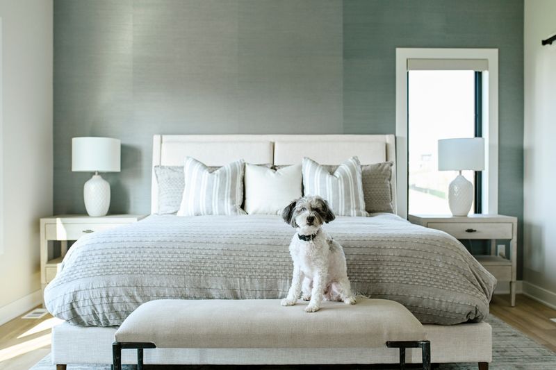 A primary bedroom in Clive with a cream upholstered headboard against a gray grasscloth wall.
