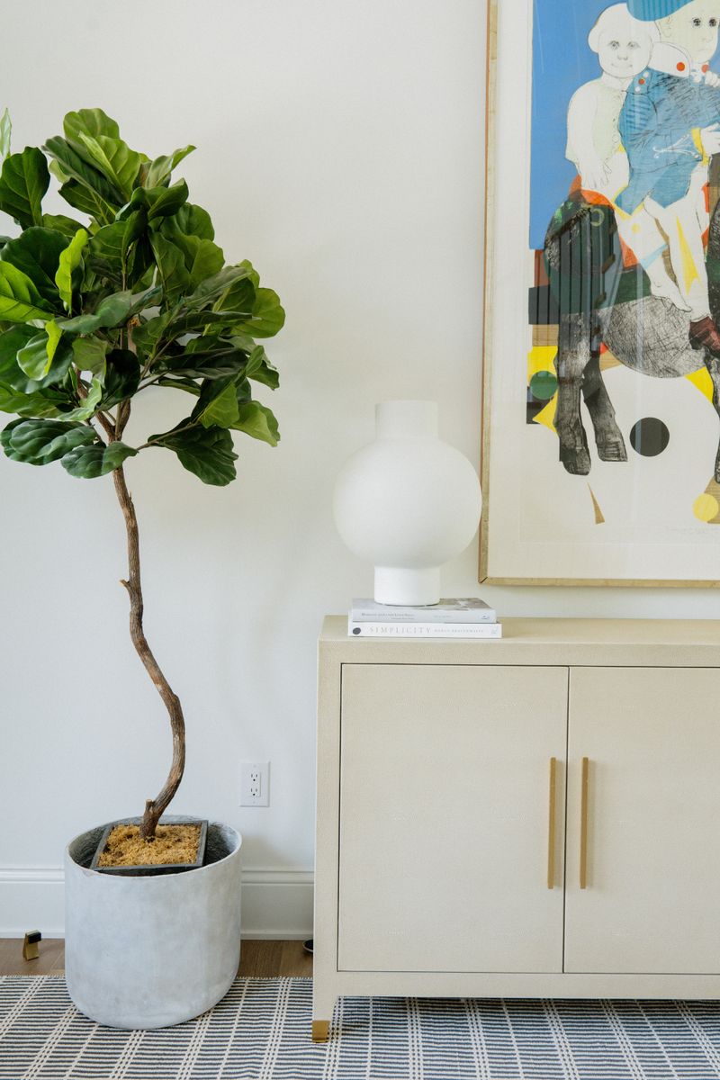 An entry in West Des Moines with a cream shagreen cabinet and long brass pulls under framed art.
